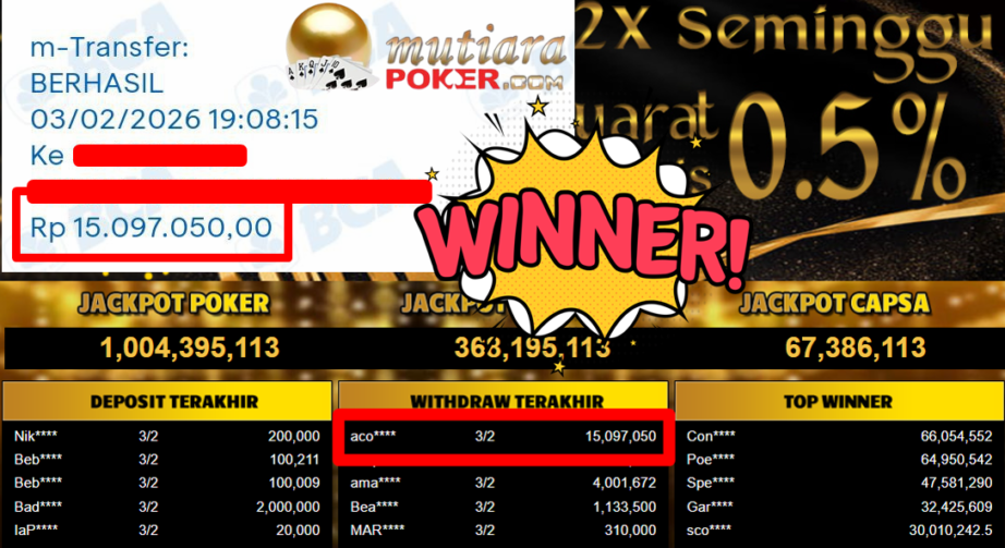Bukti Withdraw ( 15.097.050,- ) Member Setia MutiaraPoker