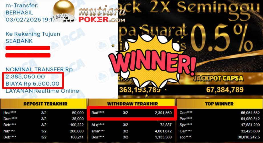 Bukti Withdraw ( 2.391.560,- ) Member Setia MutiaraPoker