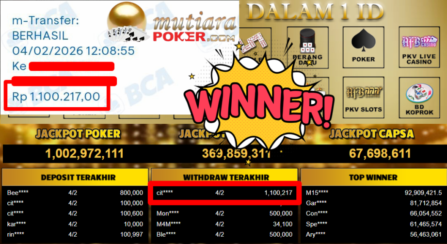 Bukti Withdraw ( 1.100.217,- ) Member Setia MutiaraPoker