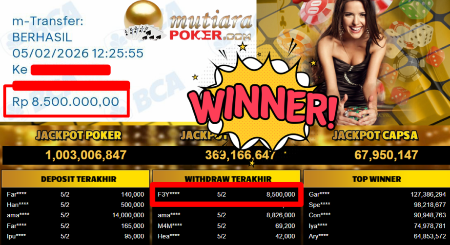 Bukti Withdraw ( 8.500.000,- ) Member Setia MutiaraPoker