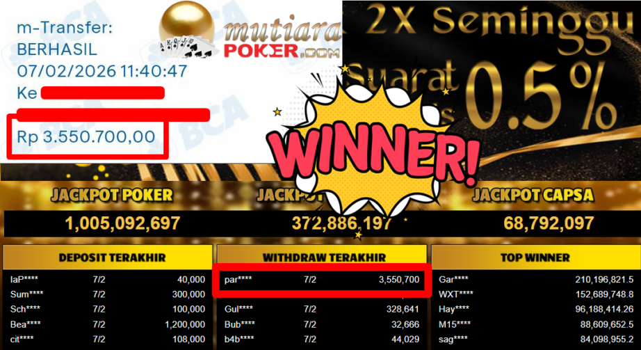 Bukti Withdraw ( 3.550.700,- ) Member Setia MutiaraPoker