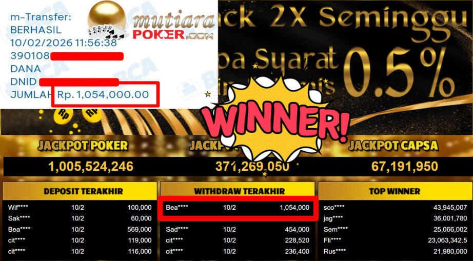 Bukti Withdraw ( 1.054.000,- ) Member Setia MutiaraPoker