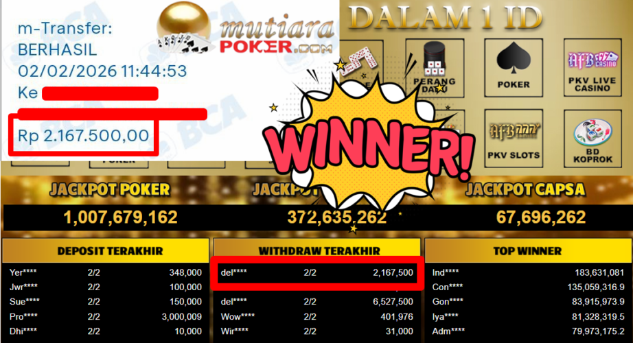 Bukti Withdraw ( 2.167.500,- ) Member Setia MutiaraPoker