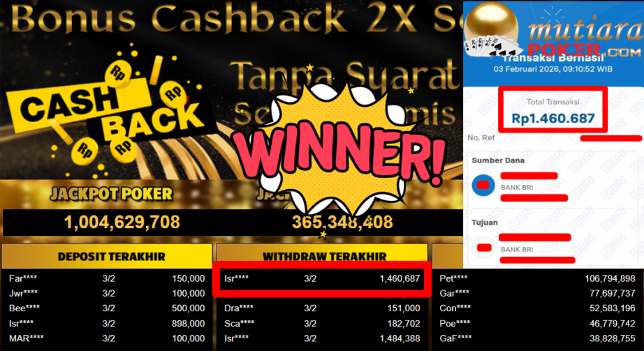 Bukti Withdraw ( 1.460.687,- ) Member Setia MutiaraPoker