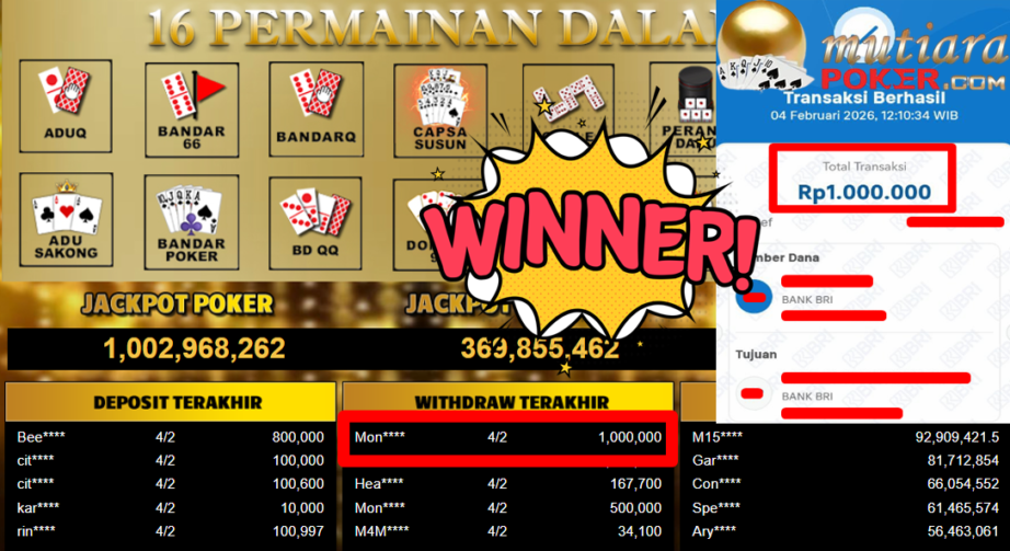 Bukti Withdraw ( 1.000.000,- ) Member Setia MutiaraPoker