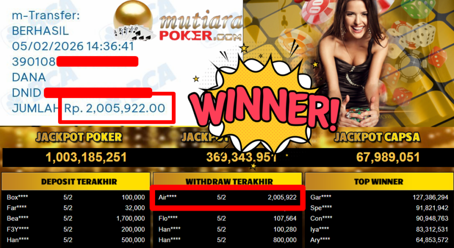 Bukti Withdraw ( 2.005.922,- ) Member Setia MutiaraPoker