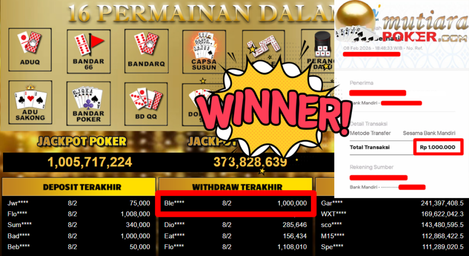 Bukti Withdraw ( 1.000.000,- ) Member Setia MutiaraPoker