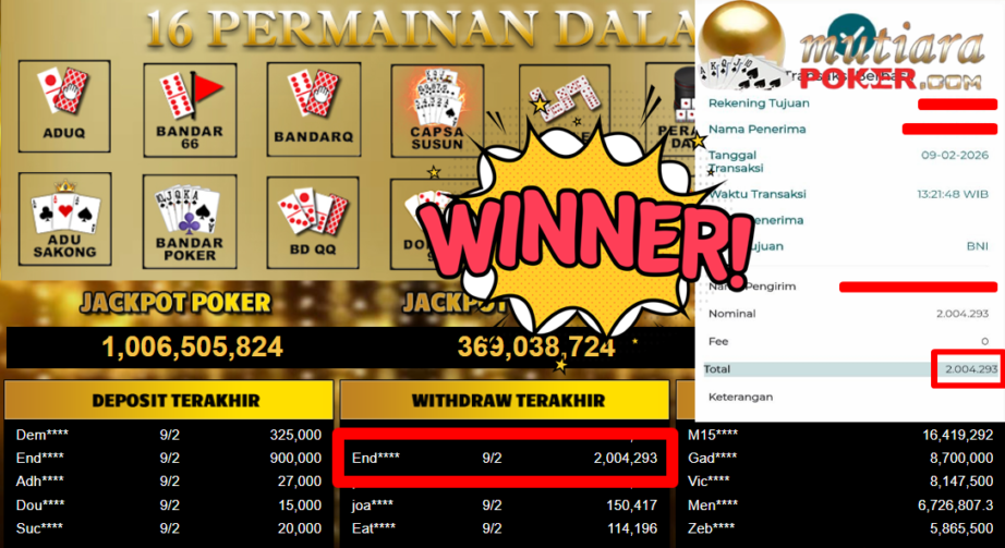 Bukti Withdraw ( 2.004.293,- ) Member Setia MutiaraPoker