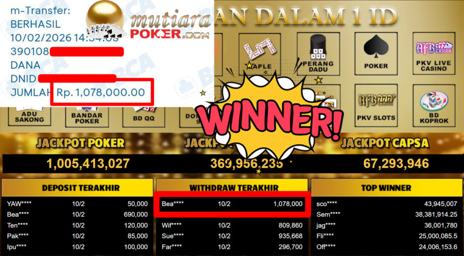 Bukti Withdraw ( 1.078.000,- ) Member Setia MutiaraPoker