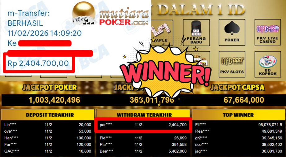Bukti Withdraw ( 2.404.700,- ) Member Setia MutiaraPoker
