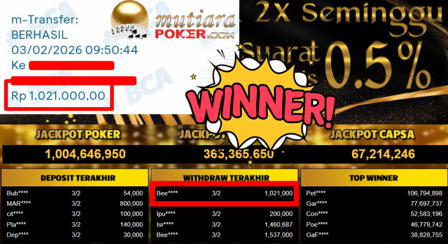 Bukti Withdraw ( 1.021.000,- ) Member Setia MutiaraPoker