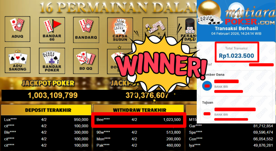 Bukti Withdraw ( 1.023.500,- ) Member Setia MutiaraPoker