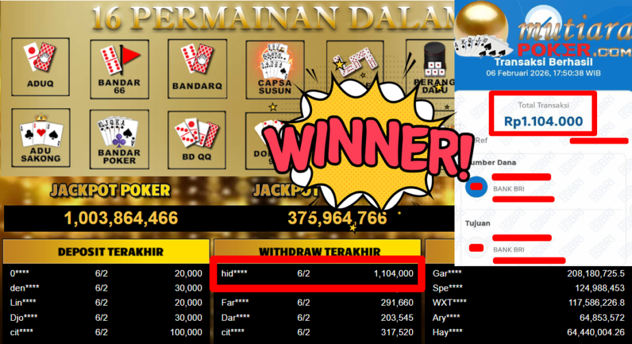 Bukti Withdraw ( 1.104.000,- ) Member Setia MutiaraPoker