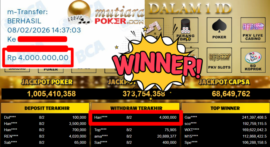 Bukti Withdraw ( 4.000.000,- ) Member Setia MutiaraPoker
