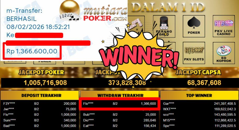 Bukti Withdraw ( 1.366.600,- ) Member Setia MutiaraPoker