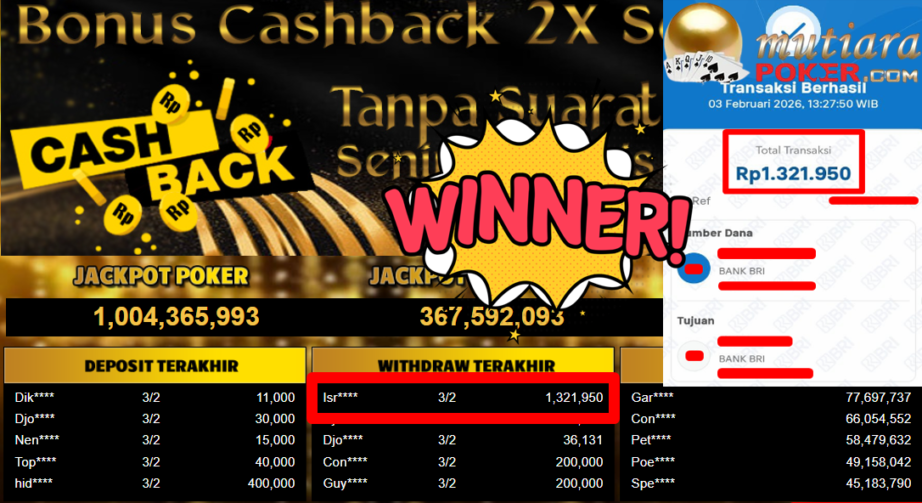 Bukti Withdraw ( 1.321.950,- ) Member Setia MutiaraPoker