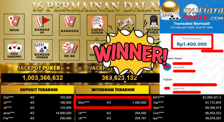 Bukti Withdraw ( 1.400.000,- ) Member Setia MutiaraPoker