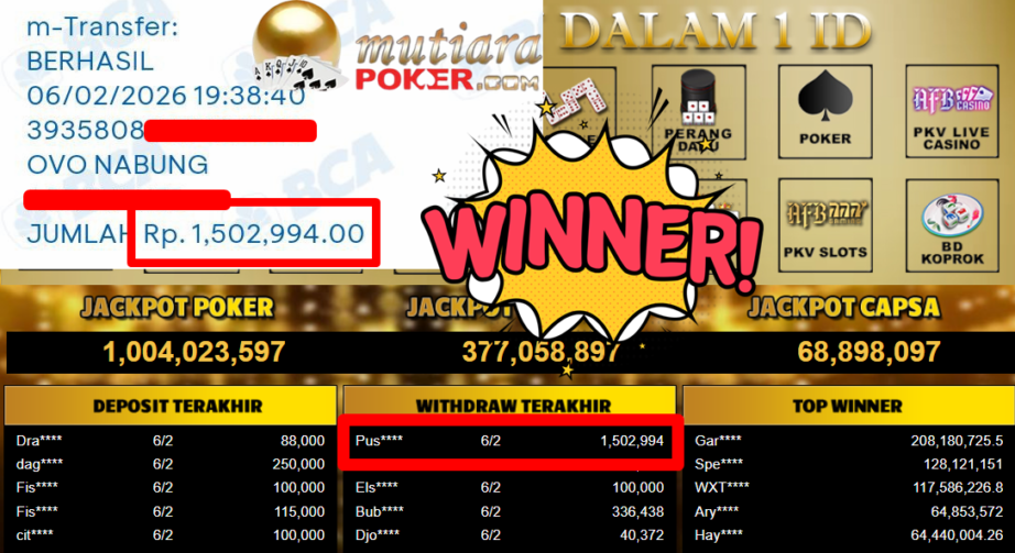 Bukti Withdraw ( 1.502.994,- ) Member Setia MutiaraPoker