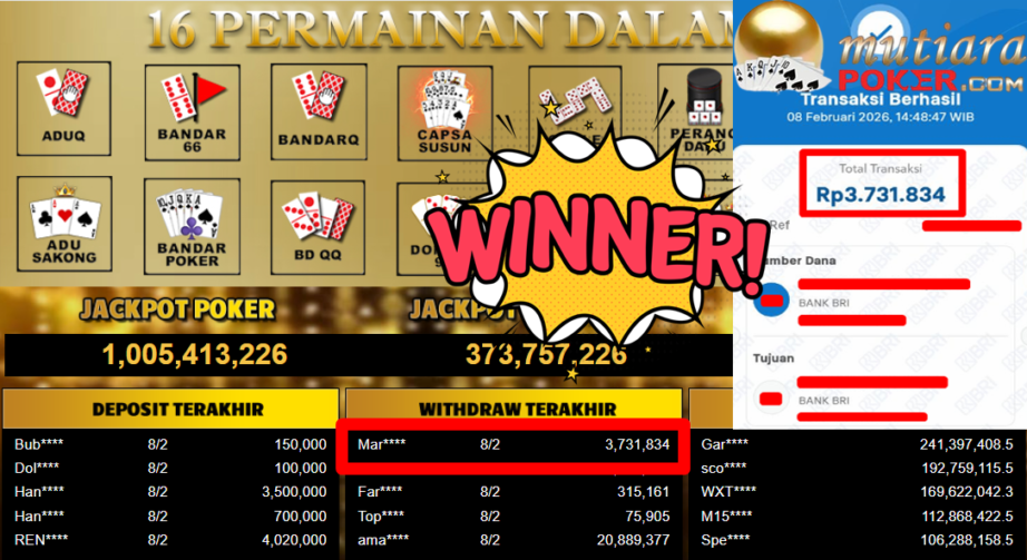 Bukti Withdraw ( 3.731.834,- ) Member Setia MutiaraPoker