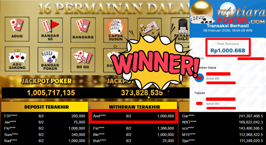 Bukti Withdraw ( 1.000.668,- ) Member Setia MutiaraPoker