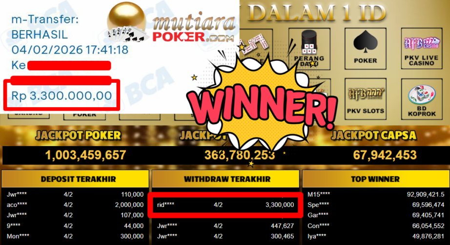 Bukti Withdraw ( 3.300.000,- ) Member Setia MutiaraPoker