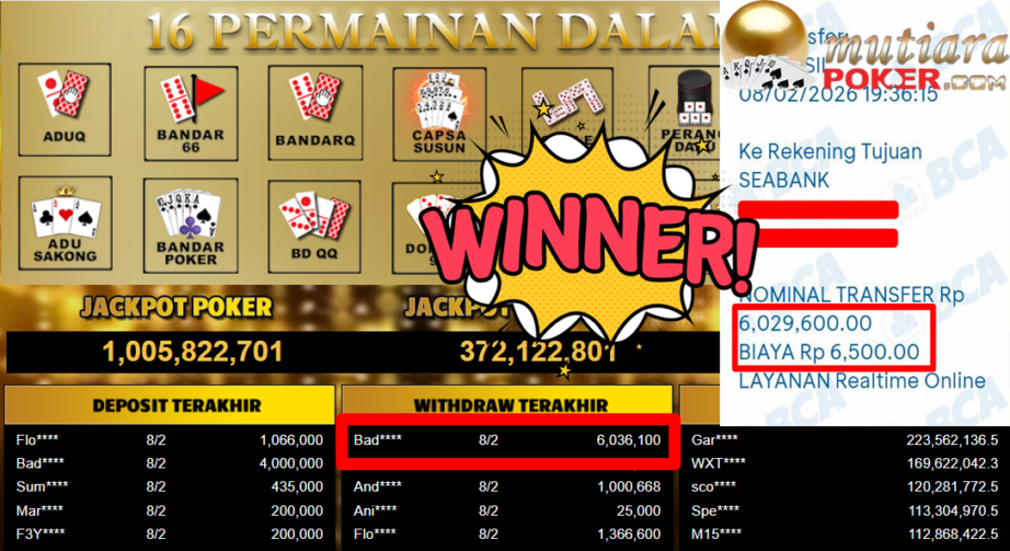 Bukti Withdraw ( 6.036.100,- ) Member Setia MutiaraPoker