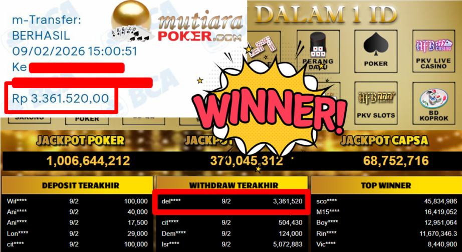 Bukti Withdraw ( 3.361.520,- ) Member Setia MutiaraPoker