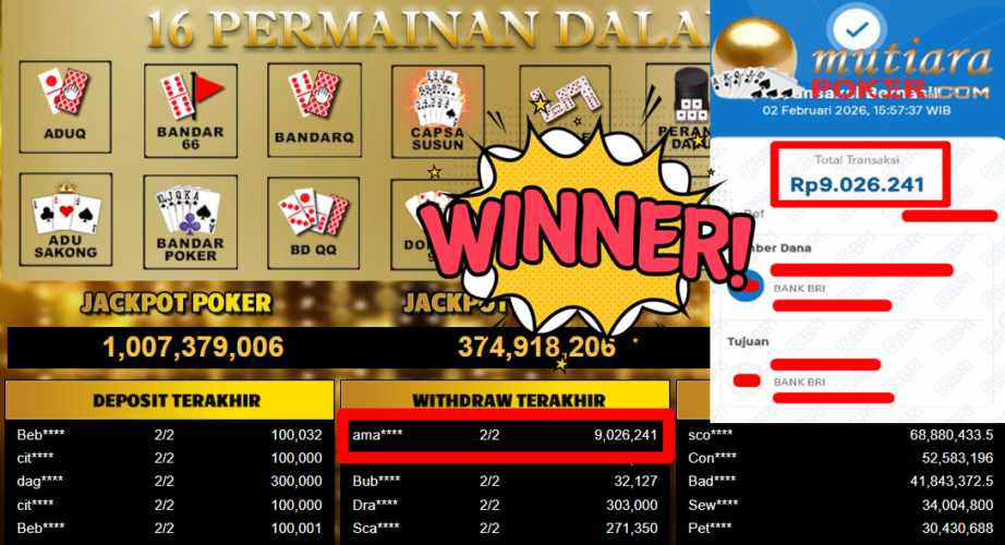 Bukti Withdraw ( 9.026.241,- ) Member Setia MutiaraPoker
