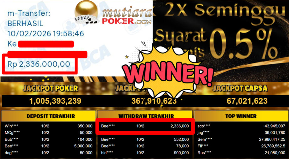 Bukti Withdraw ( 2.336.000,- ) Member Setia MutiaraPoker