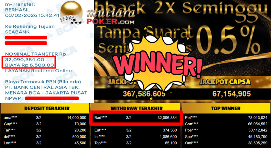Bukti Withdraw ( 32.096.884,- ) Member Setia MutiaraPoker