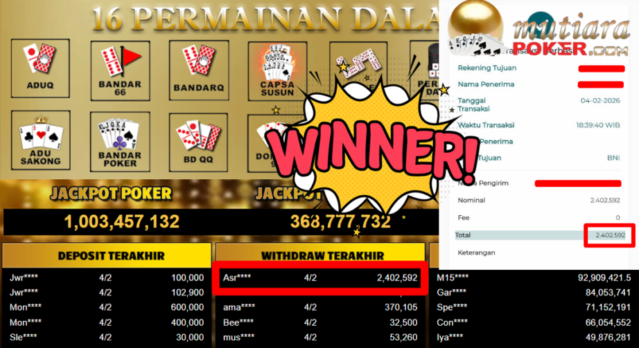 Bukti Withdraw ( 2.402.592,- ) Member Setia MutiaraPoker