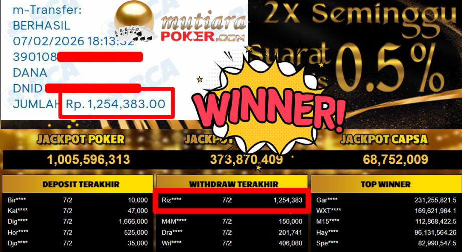 Bukti Withdraw ( 1.254.383,- ) Member Setia MutiaraPoker