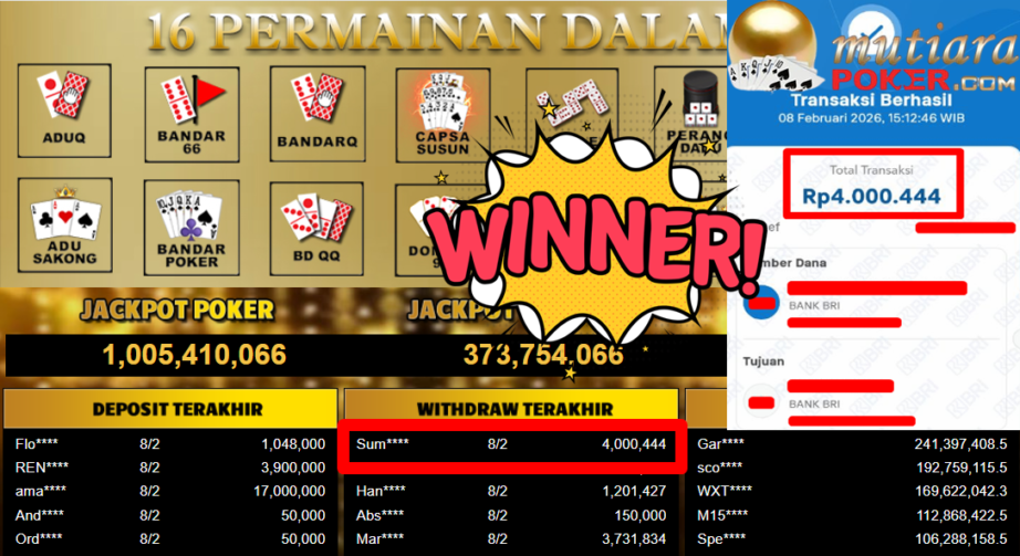 Bukti Withdraw ( 4.000.444,- ) Member Setia MutiaraPoker