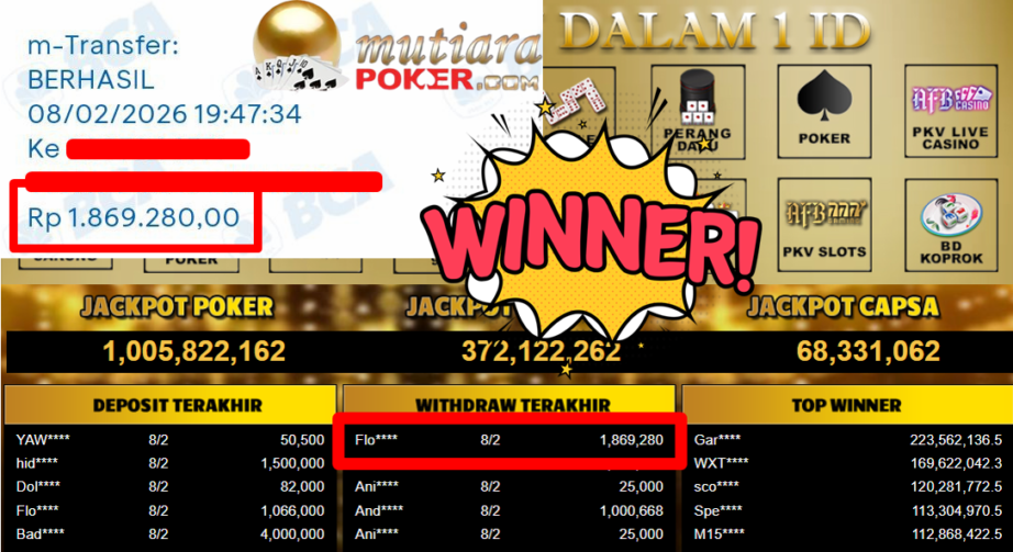 Bukti Withdraw ( 1.869.280,- ) Member Setia MutiaraPoker