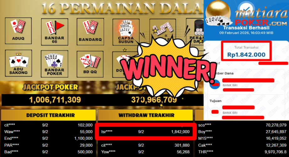 Bukti Withdraw ( 1.842.000,- ) Member Setia MutiaraPoker