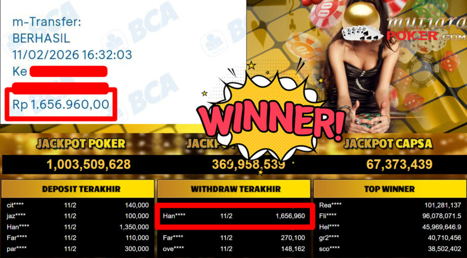 Bukti Withdraw ( 1.656.960,- ) Member Setia MutiaraPoker