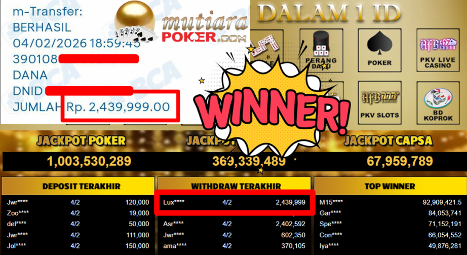 Bukti Withdraw ( 2.439.999,- ) Member Setia MutiaraPoker
