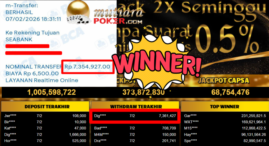 Bukti Withdraw ( 7.361.427,- ) Member Setia MutiaraPoker