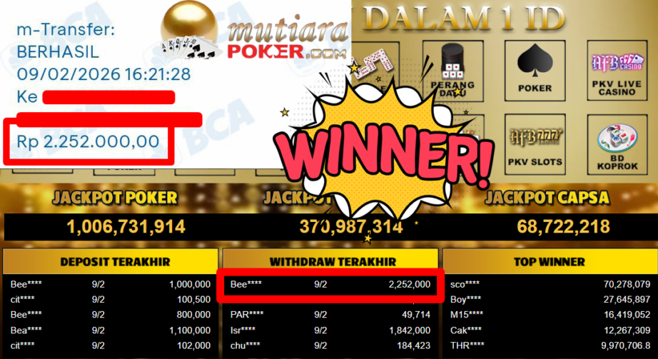 Bukti Withdraw ( 2.252.000,- ) Member Setia MutiaraPoker