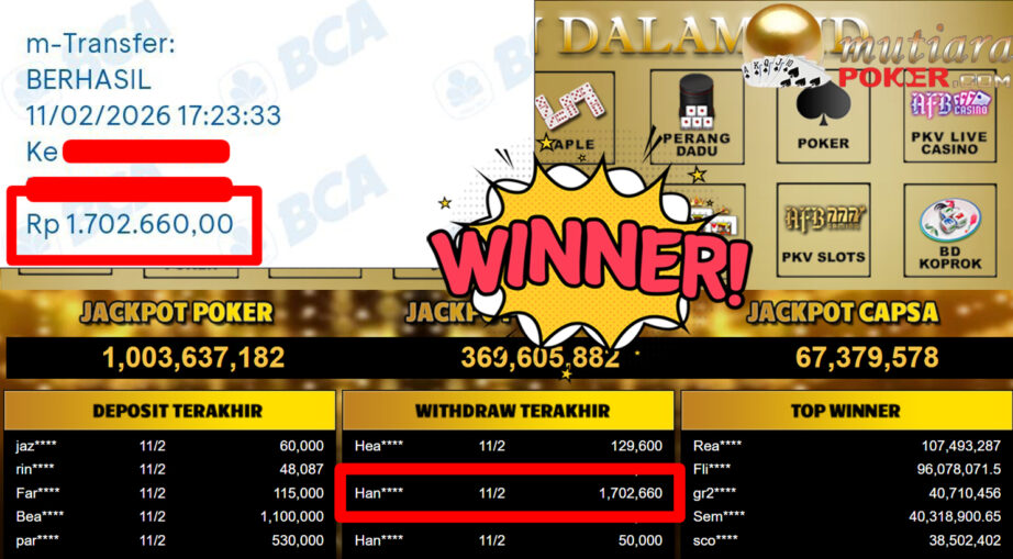 Bukti Withdraw ( 1.702.660,- ) Member Setia MutiaraPoker