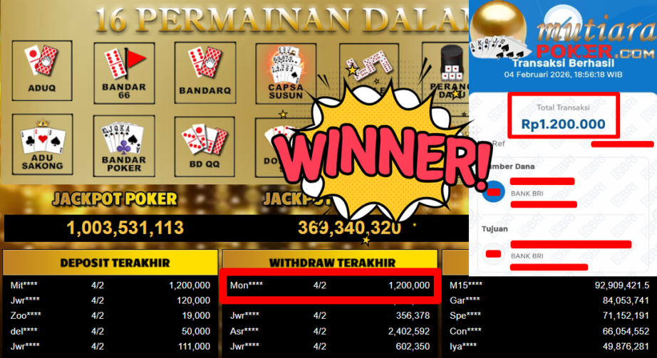 Bukti Withdraw ( 1.200.000,- ) Member Setia MutiaraPoker