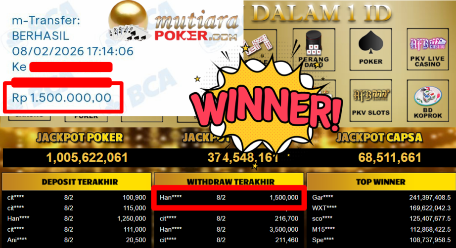 Bukti Withdraw ( 1.500.000,- ) Member Setia MutiaraPoker