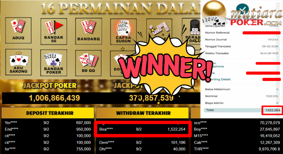 Bukti Withdraw ( 1.522.254,- ) Member Setia MutiaraPoker