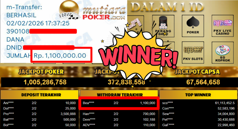 Bukti Withdraw ( 1.100.000,- ) Member Setia MutiaraPoker