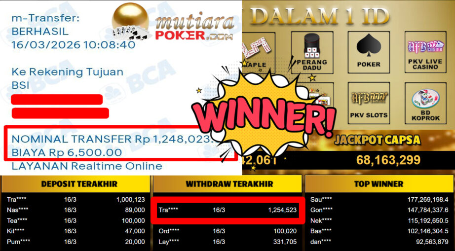 Bukti Withdraw ( 1.254.523,-) Member Setia MutiaraPoker