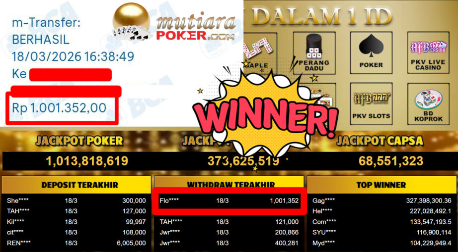 Bukti Withdraw ( 1.001.352,-) Member Setia MutiaraPoker