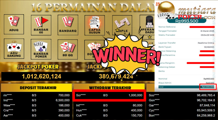 Bukti Withdraw ( 1.000.000,-) Member Setia MutiaraPoker