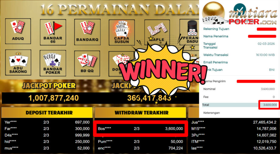 Bukti Withdraw ( 3.600.000,-) Member Setia MutiaraPoker
