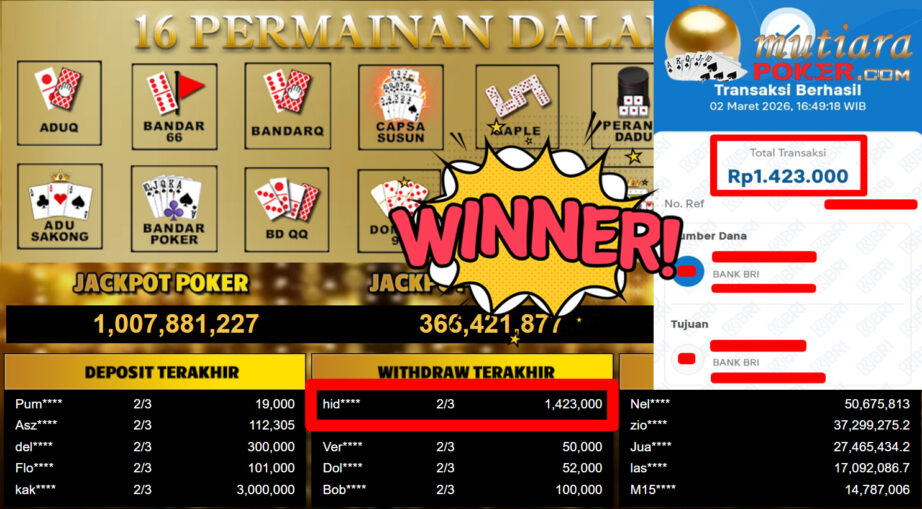 Bukti Withdraw ( 1.423.000,-) Member Setia MutiaraPoker