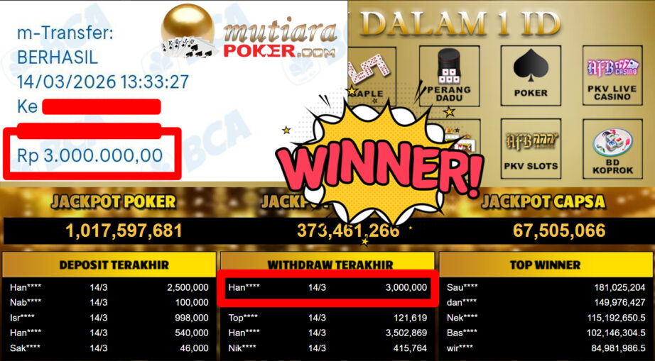 Bukti Withdraw ( 3.000.000,-) Member Setia MutiaraPoker